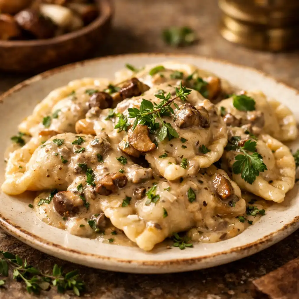 Talerz z pierogami z dziczyzną, polanymi sosem grzybowym, udekorowanymi świeżymi ziołami