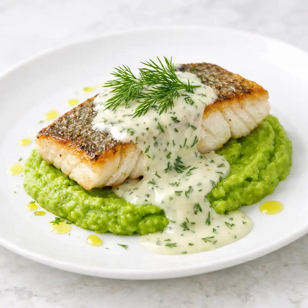 Filet sandacza na puree z groszku, polany sosem koperkowym, udekorowany koperkiem