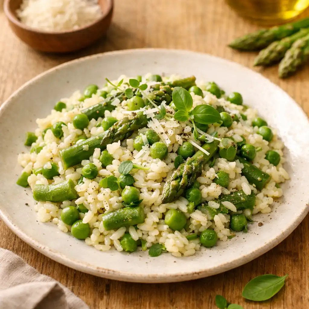 Risotto ze szparagami i groszkiem podane na jasnym talerzu, udekorowane świeżymi ziołami