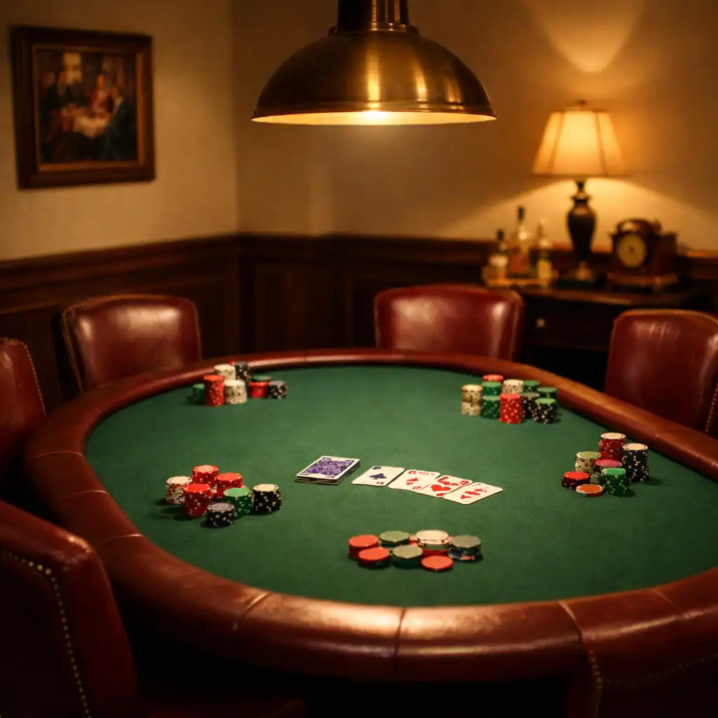 Kameralny pokój pokerowy z jednym stołem, zielonym suknem i skórzanymi fotelami w kolorze burgunda