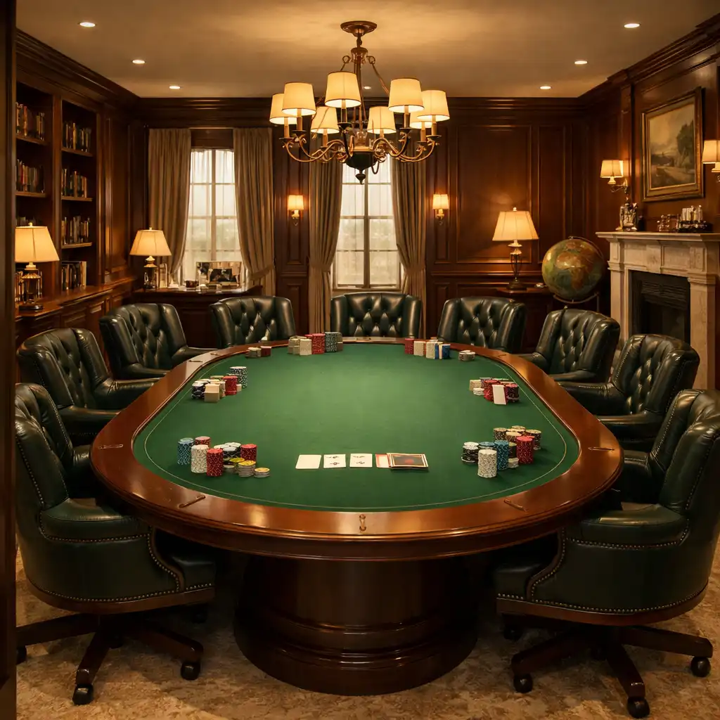Eleganckie wnętrze pokoju pokerowego z zielonym suknem, skórzanymi fotelami i ciepłym oświetleniem, bez ludzi