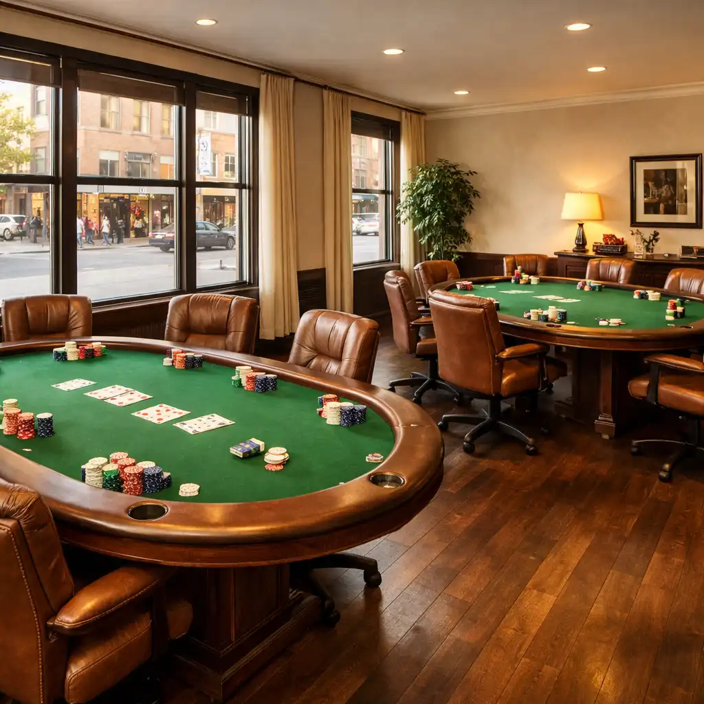 Przestronny salon pokerowy z dwoma stołami, dużymi oknami i naturalnym światłem
