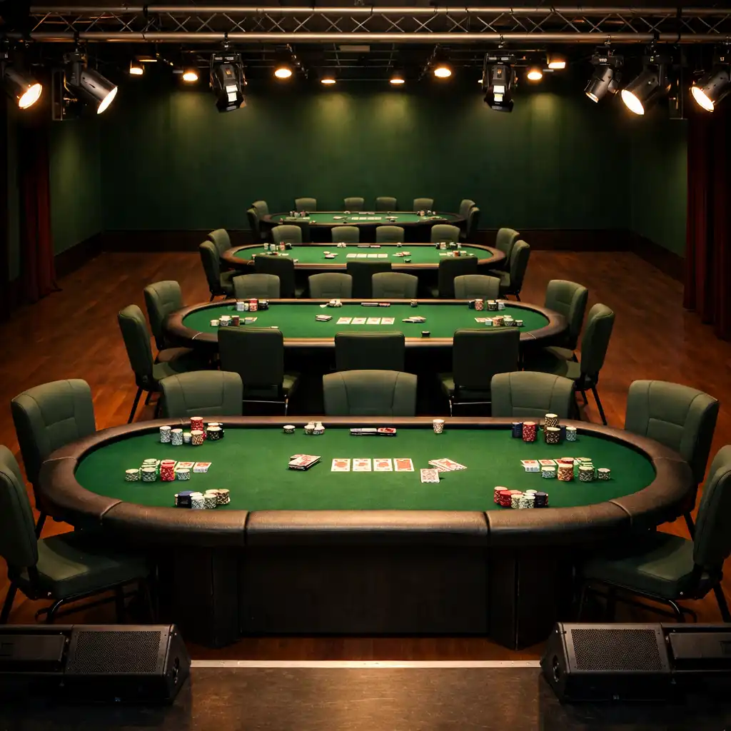Sala turniejowa z pięcioma stołami pokerowymi ustawionymi w rzędzie i sceną