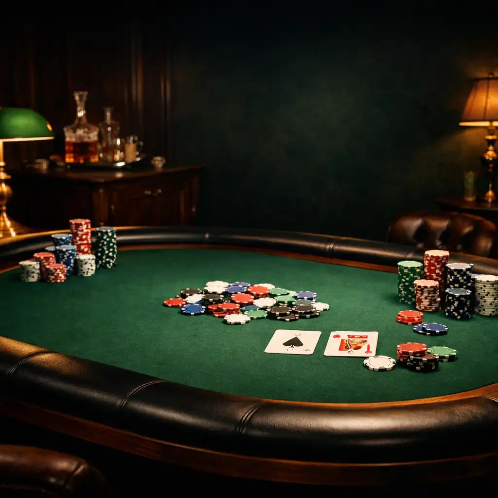 Stół pokerowy w eleganckim pomieszczeniu z zielonym suknem i żetonami jako detalem