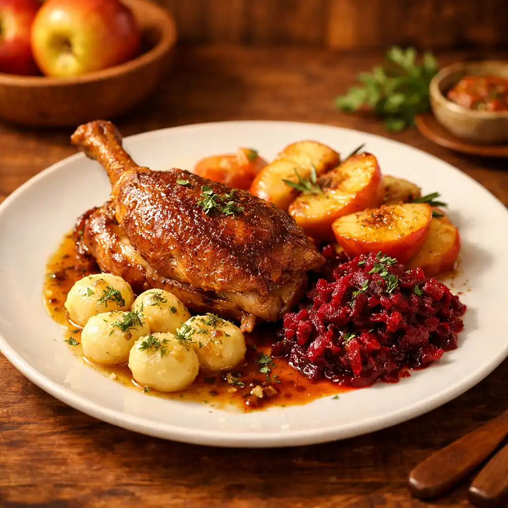 Pieczona kaczka z jabłkami i buraczkami podana na białym talerzu