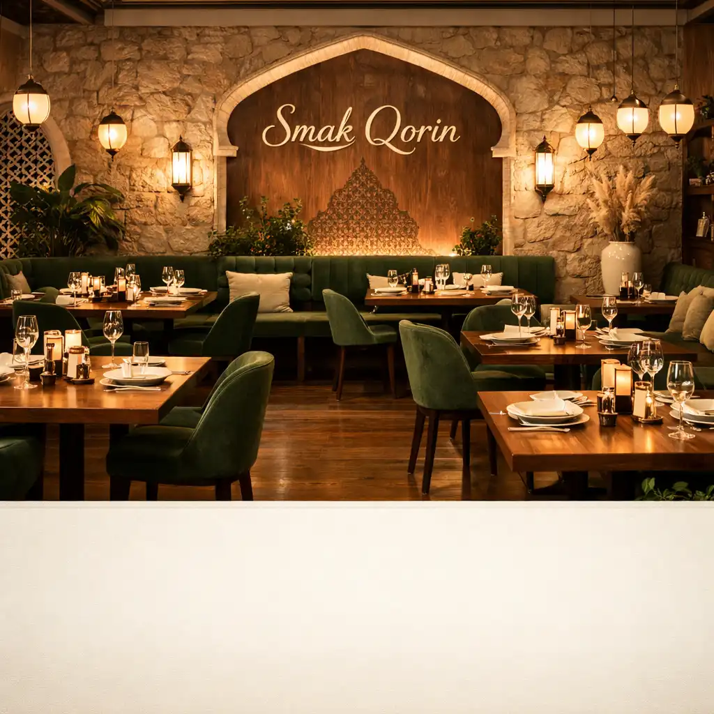 Eleganckie wnętrze restauracji Smak Qorin z ciepłym światłem, stołami z orzecha i zielonymi akcentami