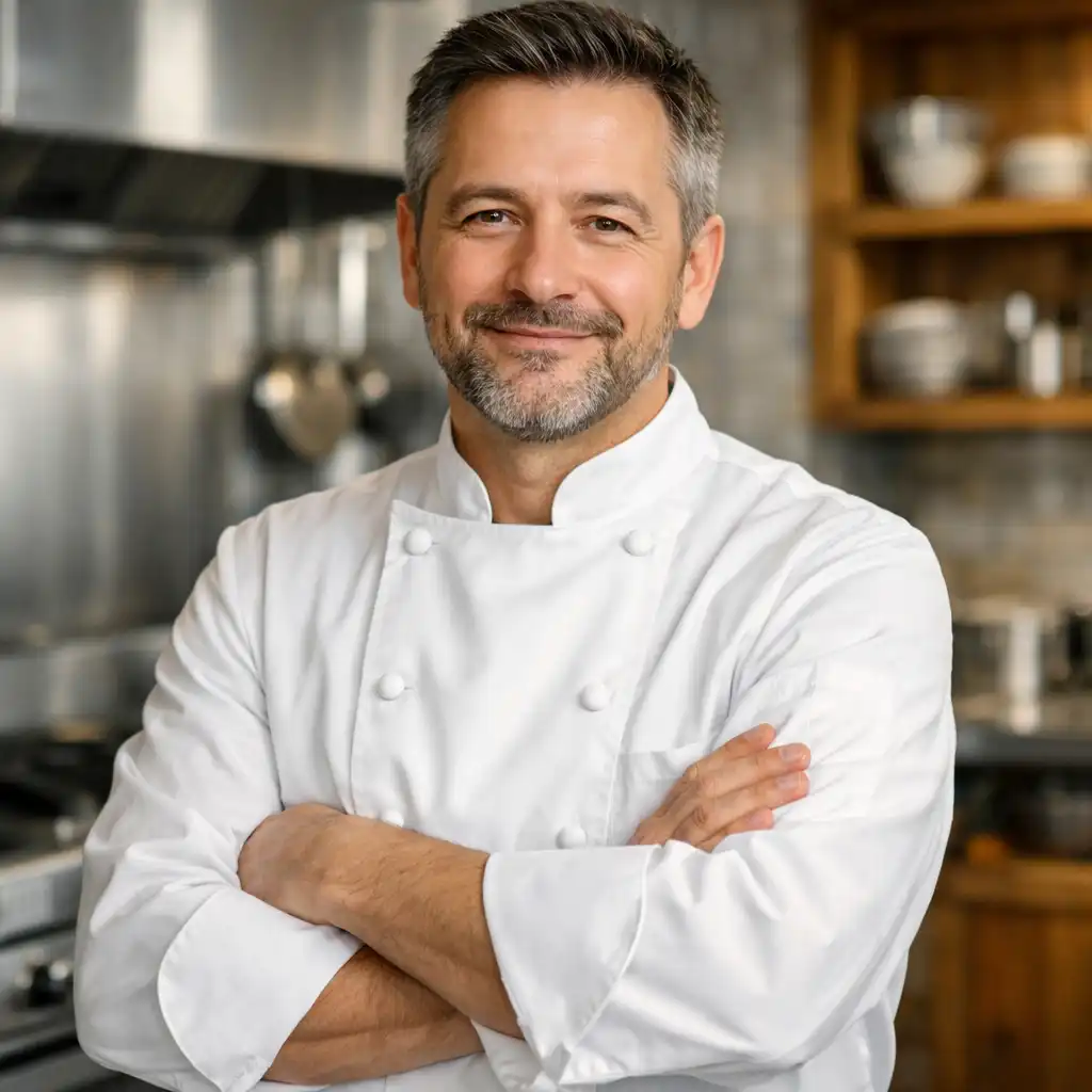 Portret szefa kuchni w białym kitlu, stojącego w kuchni restauracyjnej, z lekkim uśmiechem i skrzyżowanymi rękami