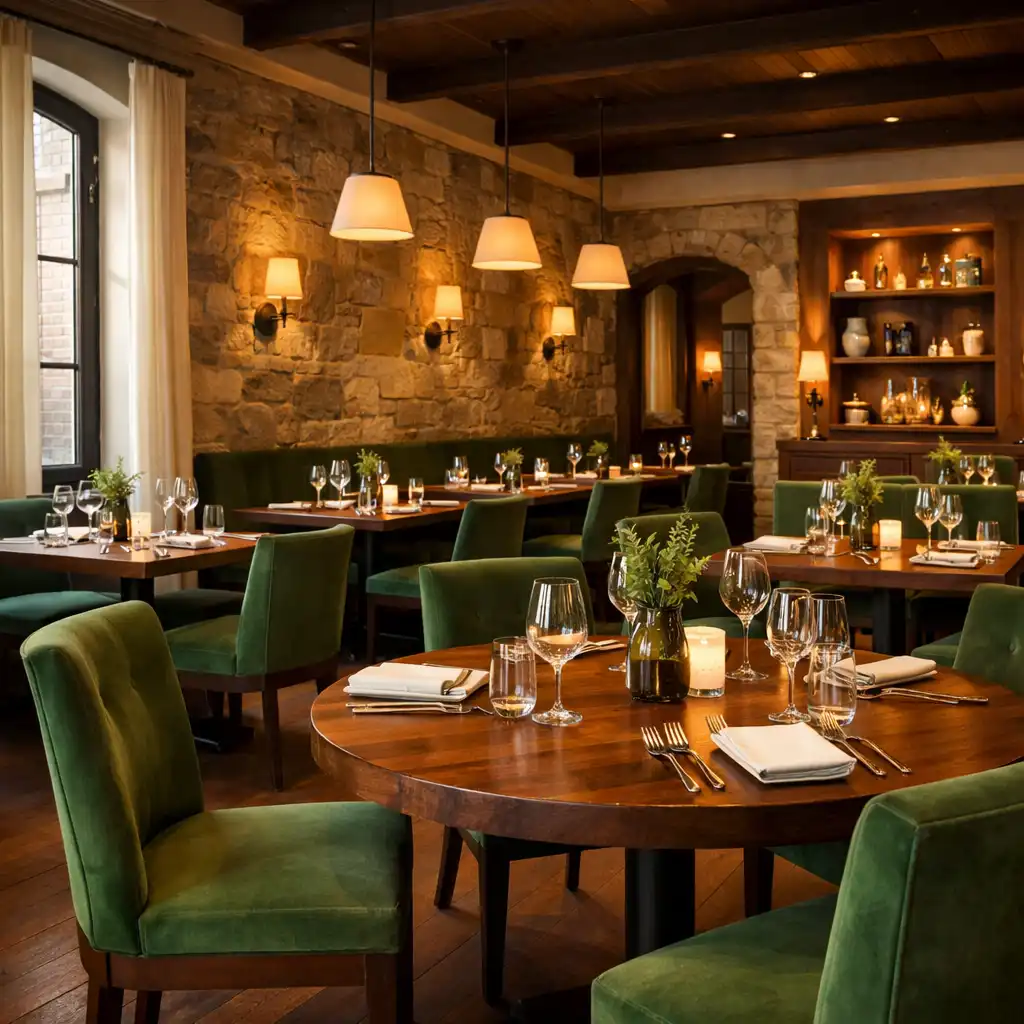Wnętrze eleganckiej restauracji z drewnianymi stołami, krzesłami w kolorze zieleni, kamiennymi ścianami i ciepłym oświetleniem punktowym, bez ludzi